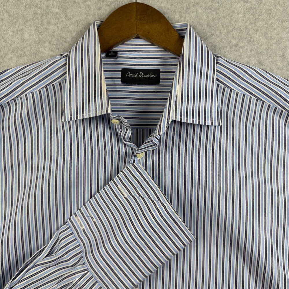 David Donahue Dress Shirt Mens 17 34/35 Blue White Striped French Cuff Cotton
